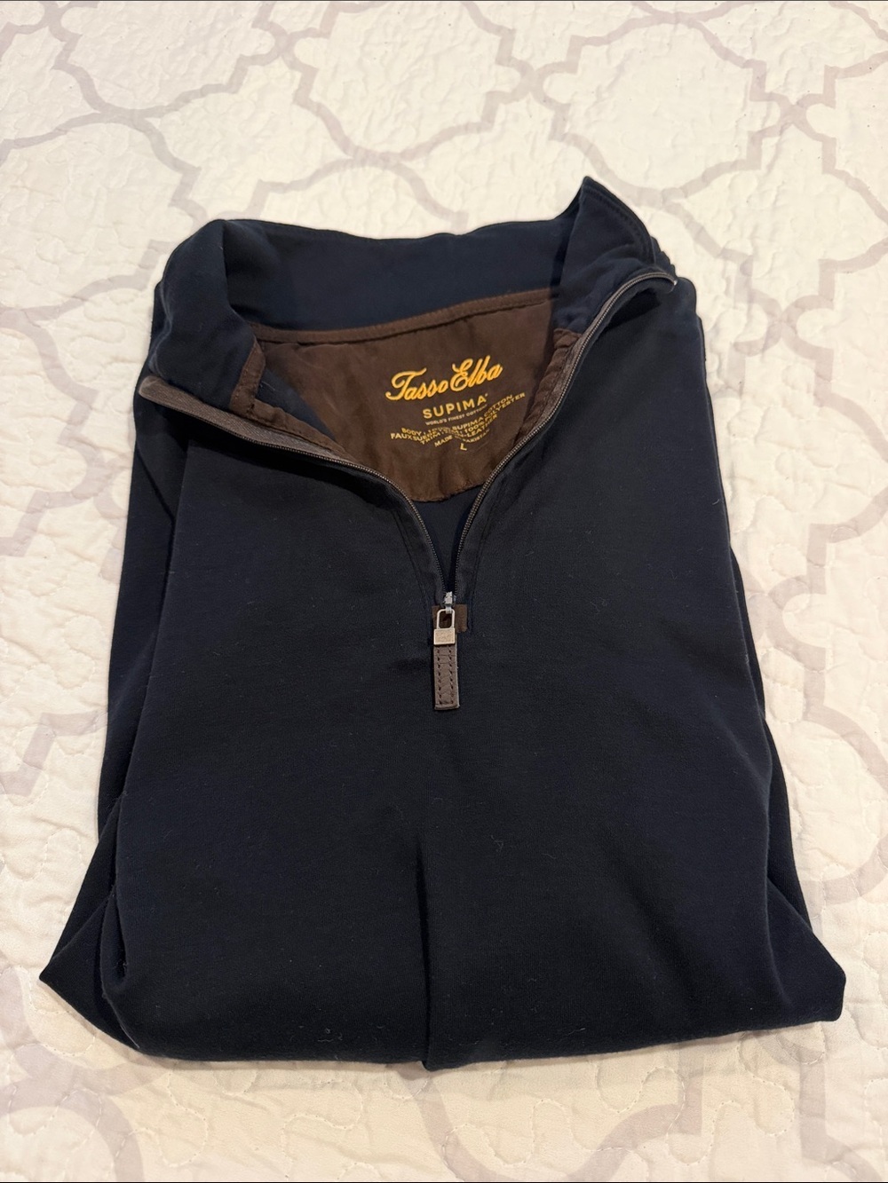 Tasso Elba Navy Half-Zip Long Sleeve Pullover with Brown Trim